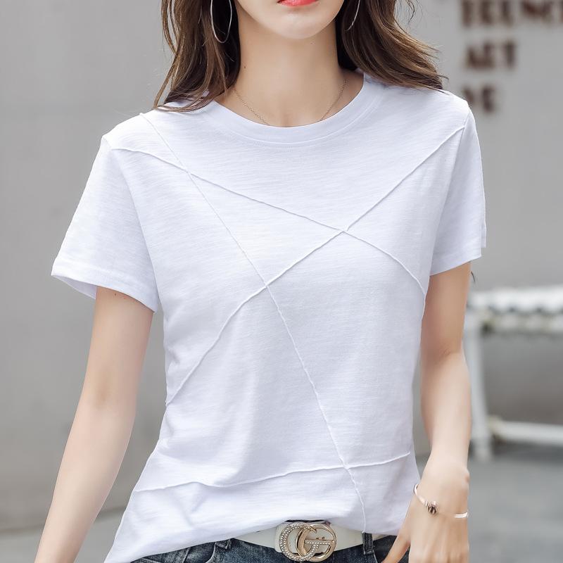 Summer Slim Bamboo T-Shirts O-Neck Short Sleeve Ribbed Female Casual Solid Color Tops