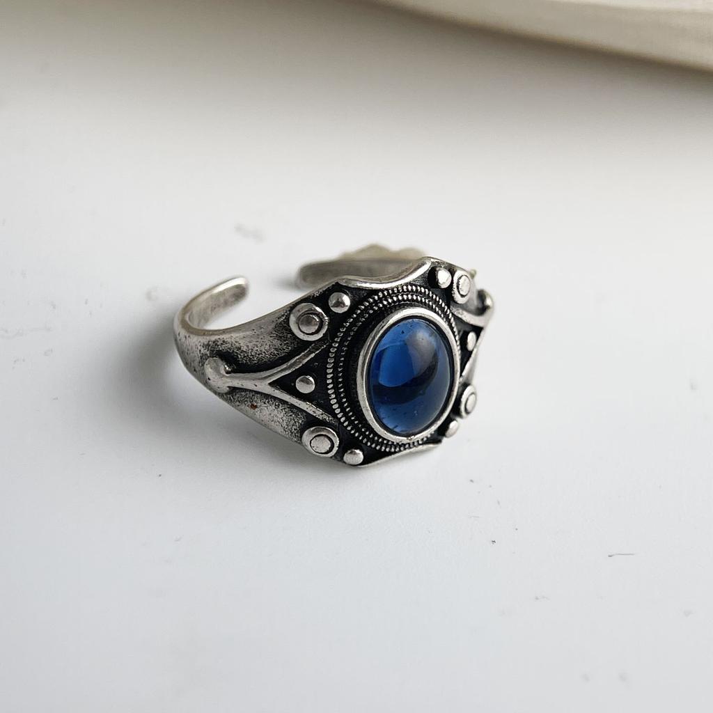 925 Sterling Silver Rings for Women Couple Minimalist Handmade Simple Retro Blue Stone Ring Fine Jewelry Gift Prevent Allergy