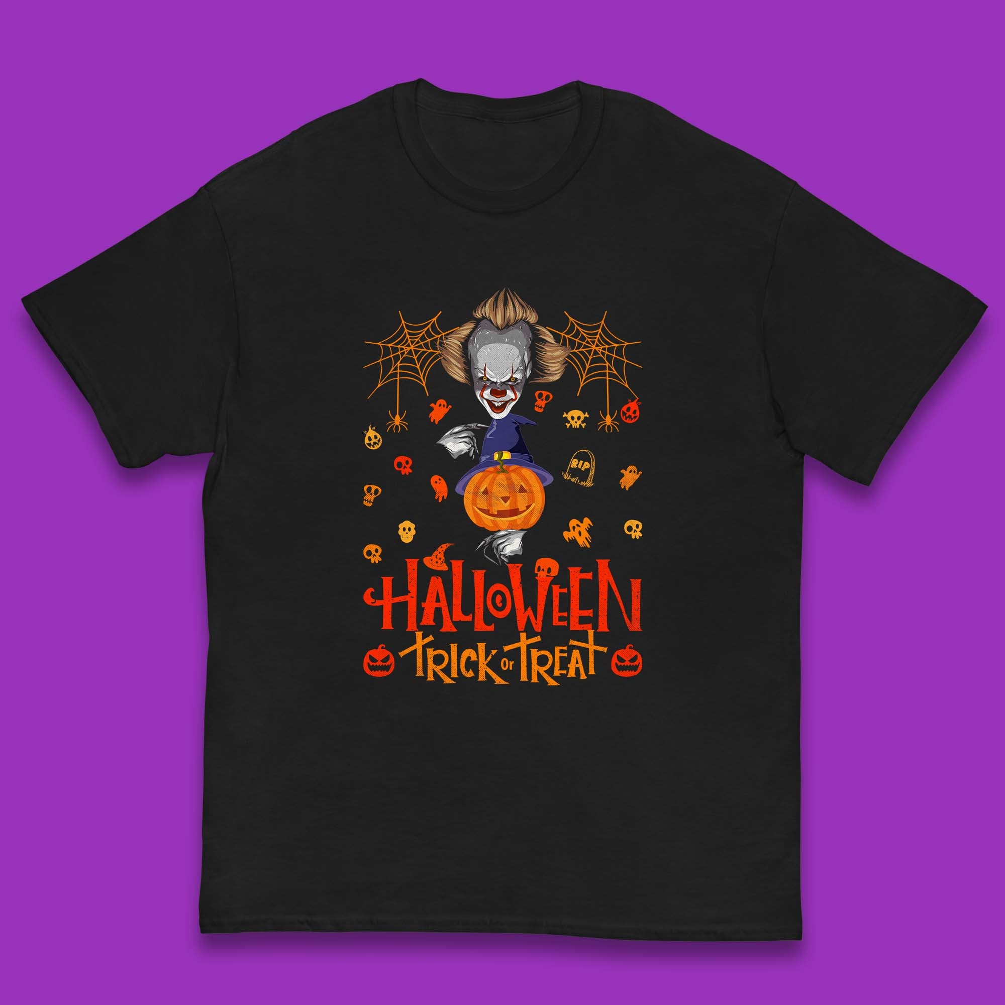 Halloween Trick Or Treat Witch Hat Pumpkin IT Pennywise Clown Horror Scary Movie Fictional Character Kids T Shirt 100