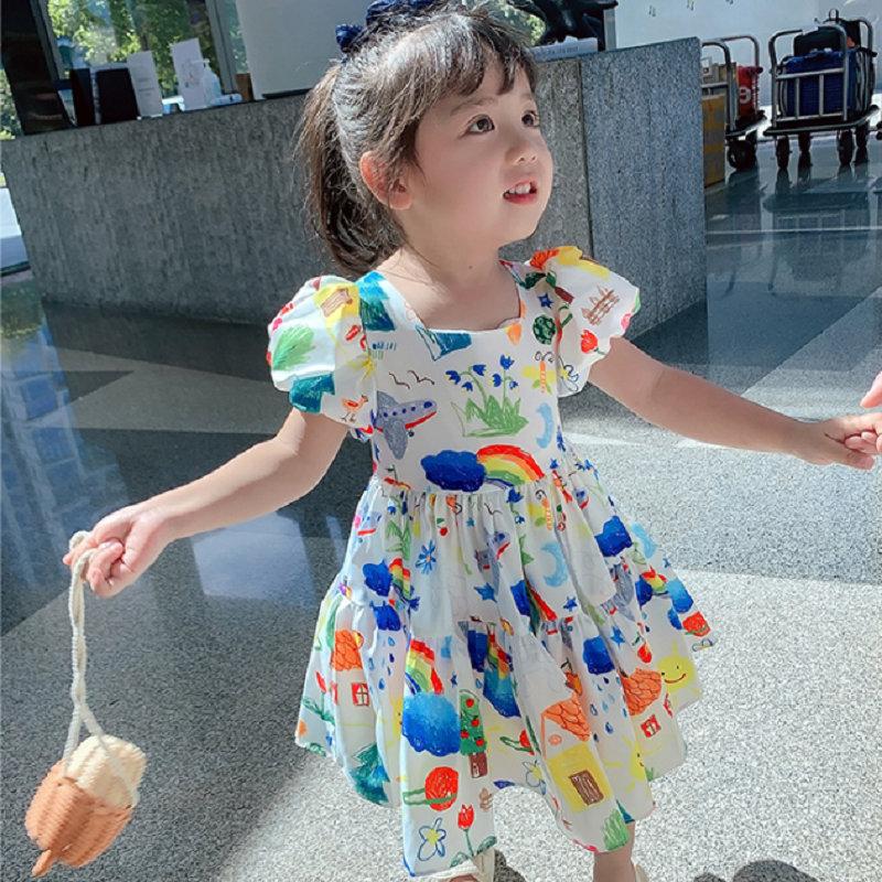 Mädchen Rock Sommer Kinder Puffärmel Kleid Kinder bedrucktes Prinzessinnenkleid