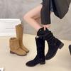 [Ushilai] Western Cowboy Boots Women's Boots 2025 Autumn and Winter New Long Pile Boots Knight Martin Boots