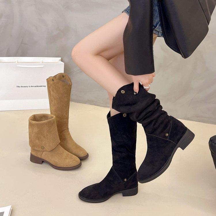 [Ushilai] Western Cowboy Boots Women's Boots 2025 Autumn and Winter New Long Pile Boots Knight Martin Boots