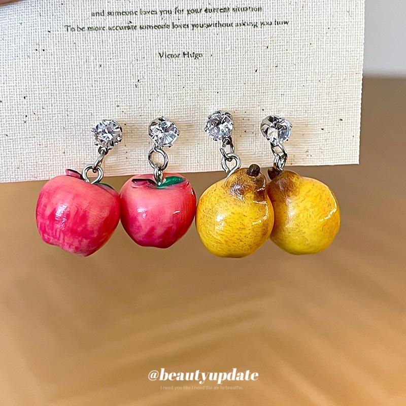 Silver Zircon Resin Apple Pear Earrings - High-End Niche Fashion for Women