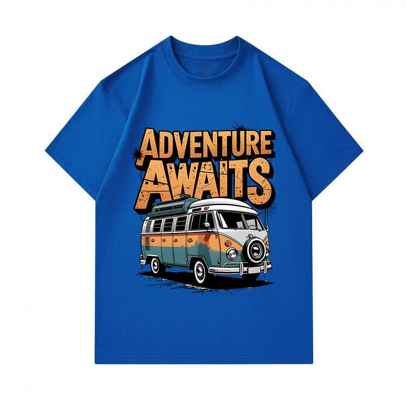 Men's 100% Cotton Short Sleeve Crew Neck T-Shirt, Retro Adventure Awaits Vintage Camper Van Graphic Print Casual Comfortable Tee for Daily Outdoor Tra