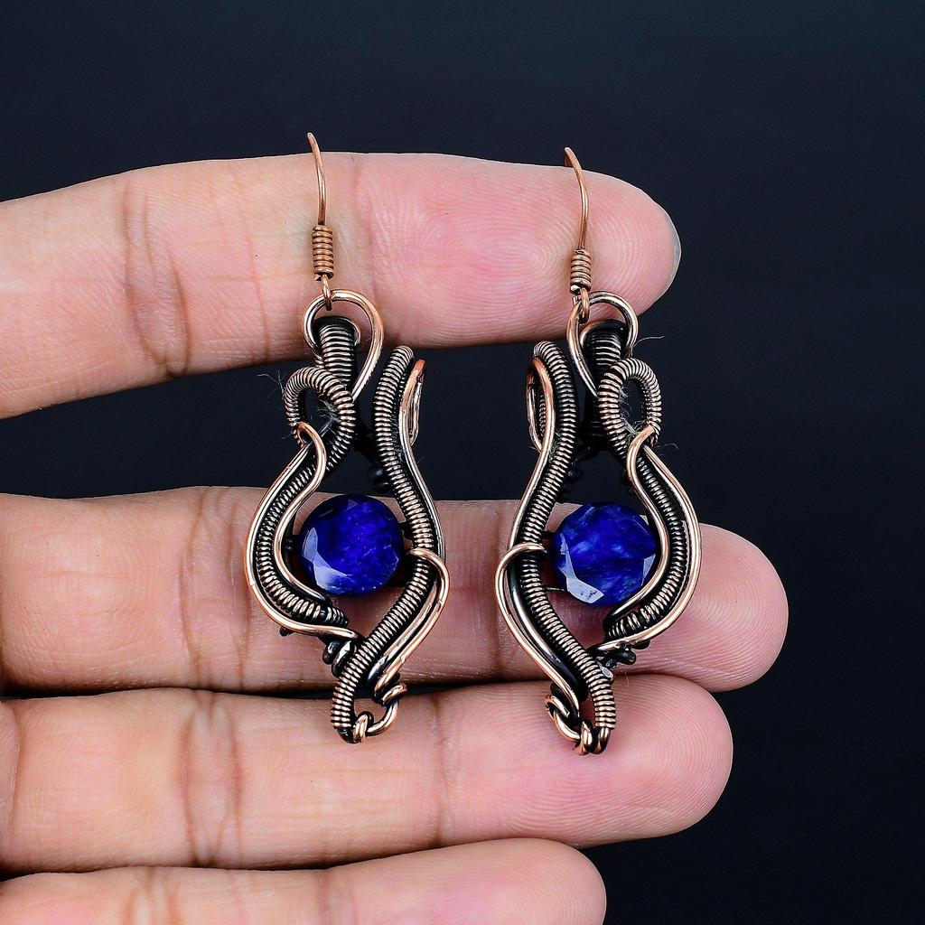 Blue Sapphire Earrings, Gemstone Handmade 999 Copper Wire Wrap Jewelry Earrings, For Memorial Gift
