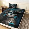 3Pcs Teal Skull Print Fitted Bed Sheet, Dark Gothic Sugar Skull Microfiber Bed Sheet Set, For Family Dormitory Hotel Bedding
