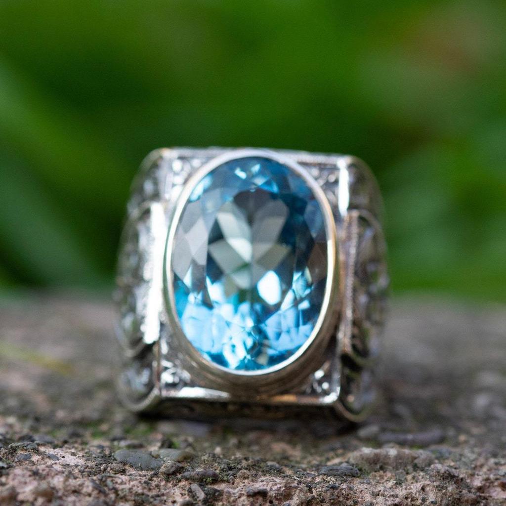 Turquoise Men's Ring with Men's Retro Jewelry Blue Gemstone Engraved Ring