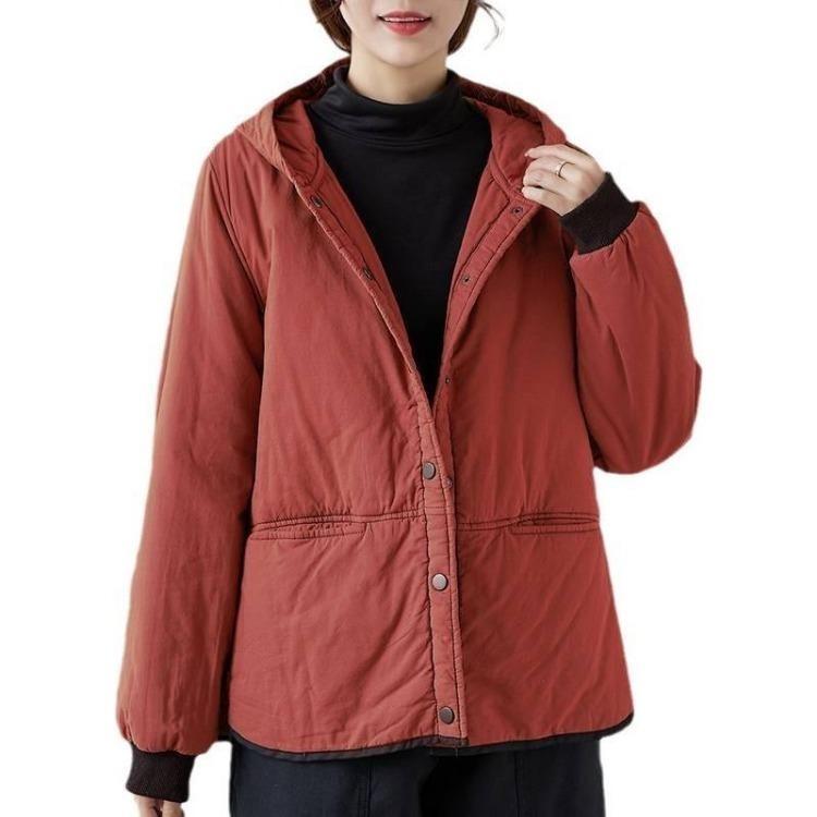 Korean Vintage Winter Coat for Women Hooded Long Sleeves Single Breasted Solid Color Outerwear Casual Johnature