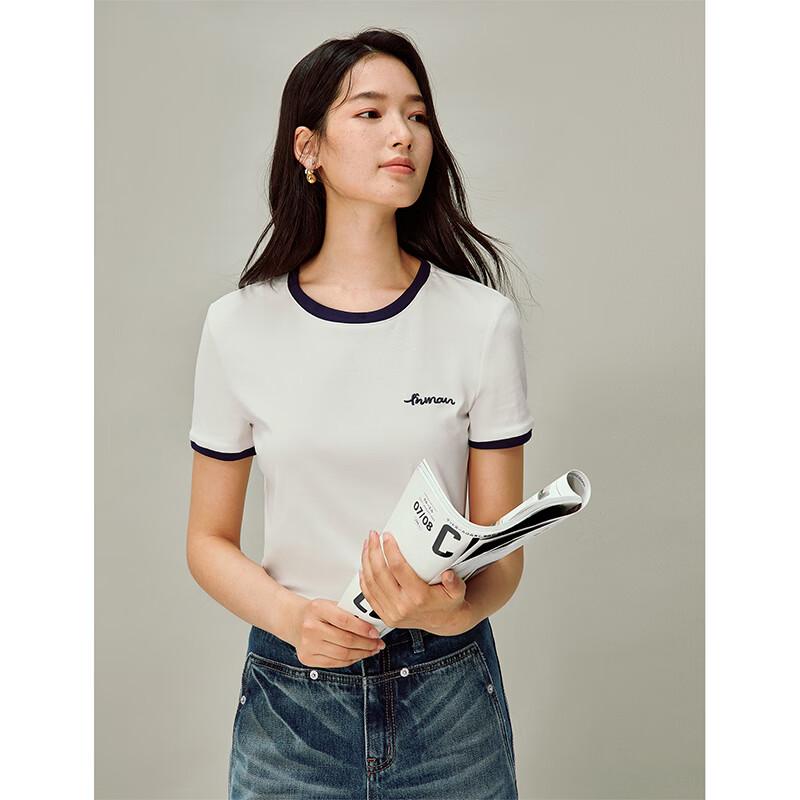 INMAN Women's Embroidered Colorblock Round Neck T-shirt