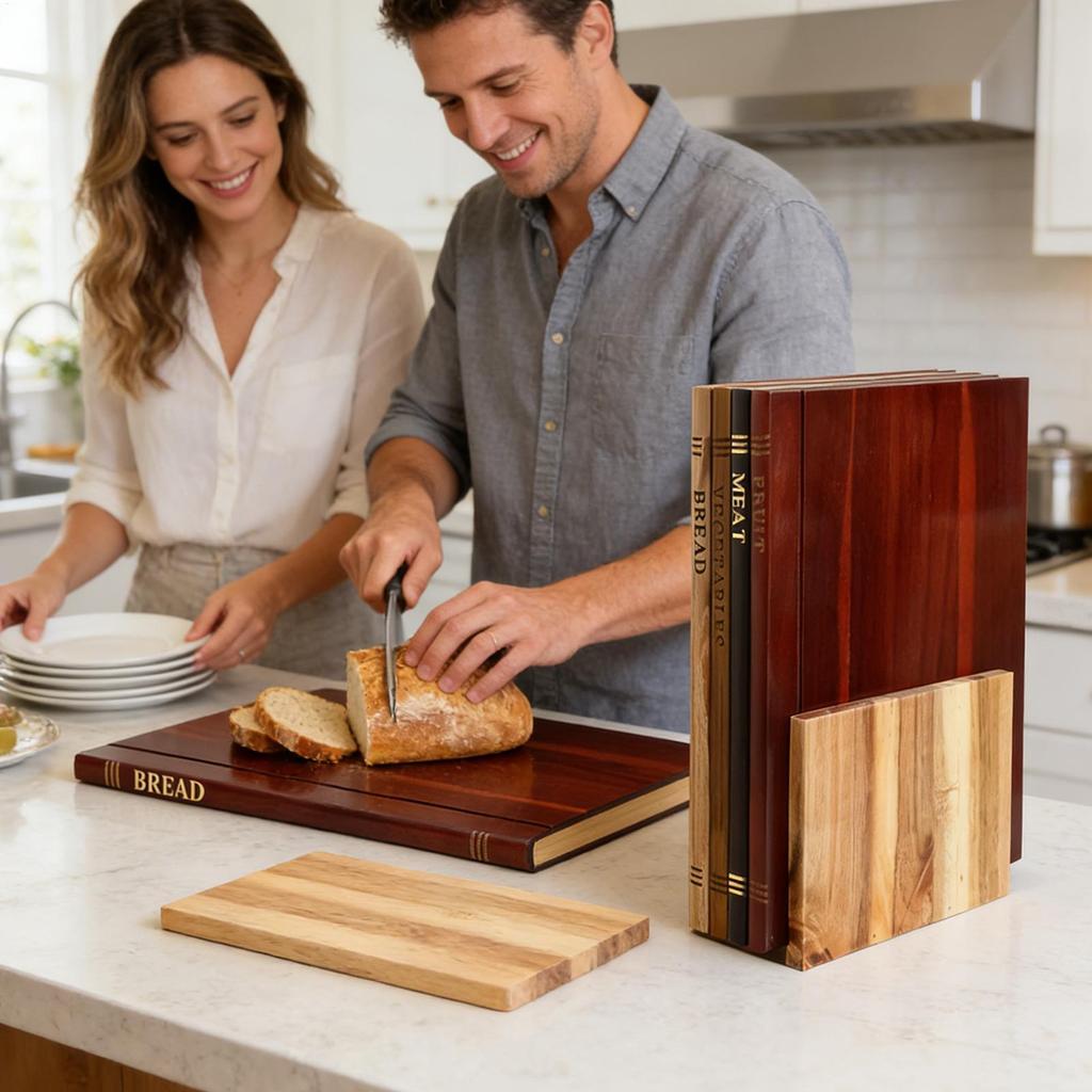 Book Cutting Board Set 4 Piece Wooden Chopping Mat with Stand Wooden Book Cutting Board Set for Charcuterie Kitchen Home