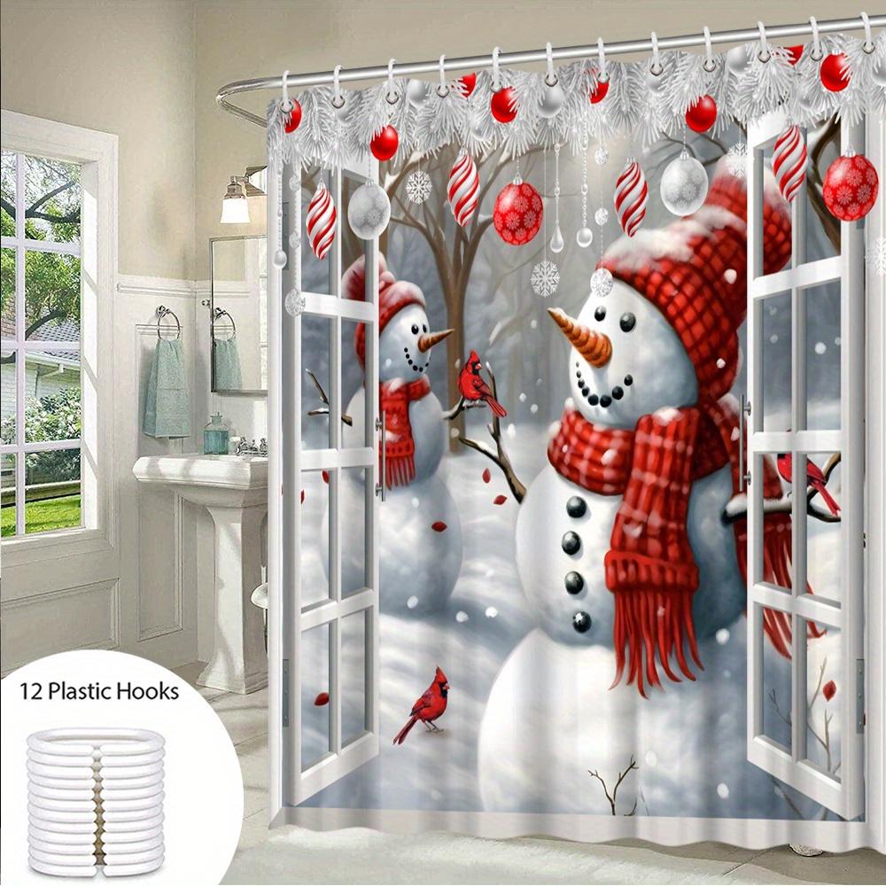1pc Christmas Snowman & Cardinal Winter Wonderland Shower Curtain with 12 Hooks - Red & White Snowy Forest Design, Polyester