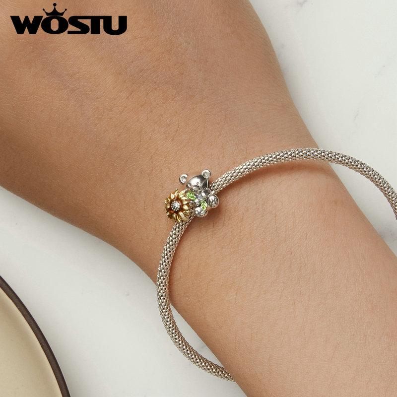 WOSTU 925 Sterling Silver Animal Charm Beads for Charm Bracelet Sunshine Bear DIY Jewelry