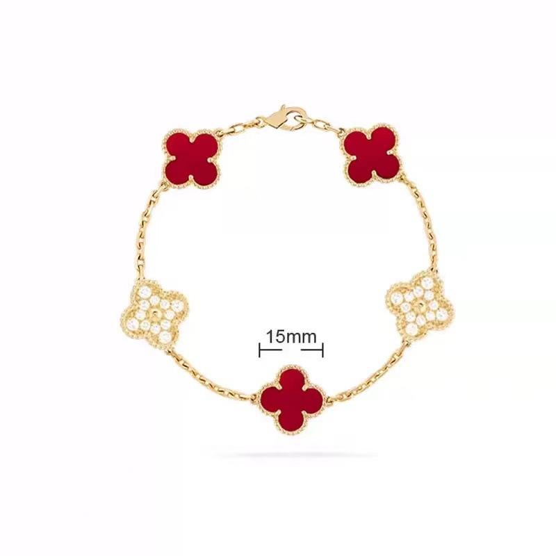 Bracciale da donna di alta qualità in oro rosa 18k, laser bianco, madreperla, calcedonio rosso, 15mm, quadrifoglio, cinque fiori