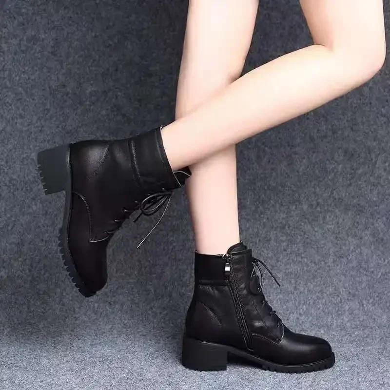 Women Boots High Quality Soft Leather Boots Fashion Pointed Short Boot Thick Heel Ankle Boots for Women British Style Short Boot