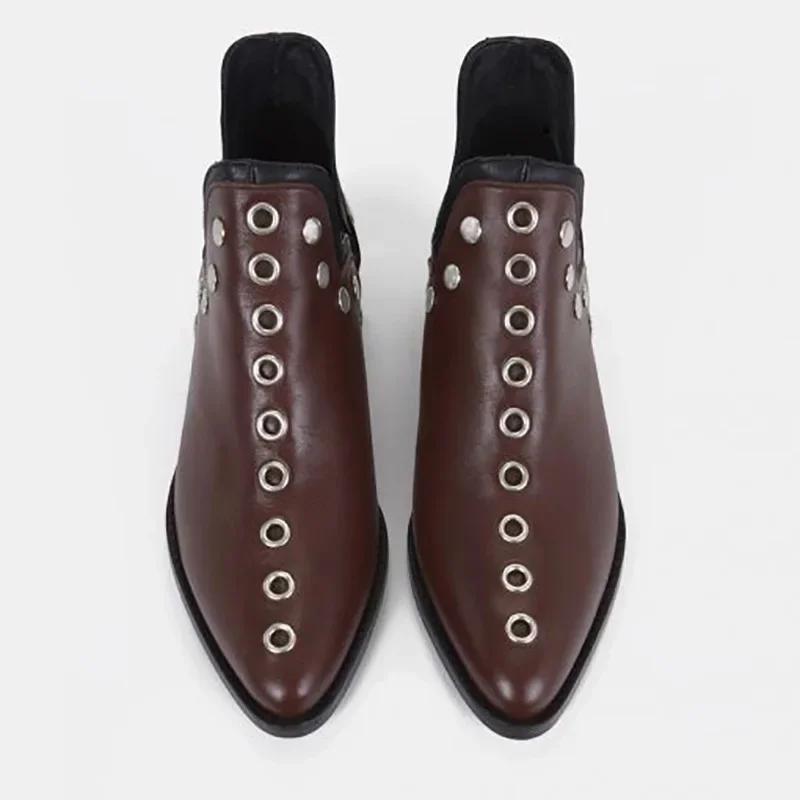 Mode Vente Chaude Punk Rivet - Bottines Cheville Bout Pointu Ornées pour Femmes à Talons Bas Rétro Mode