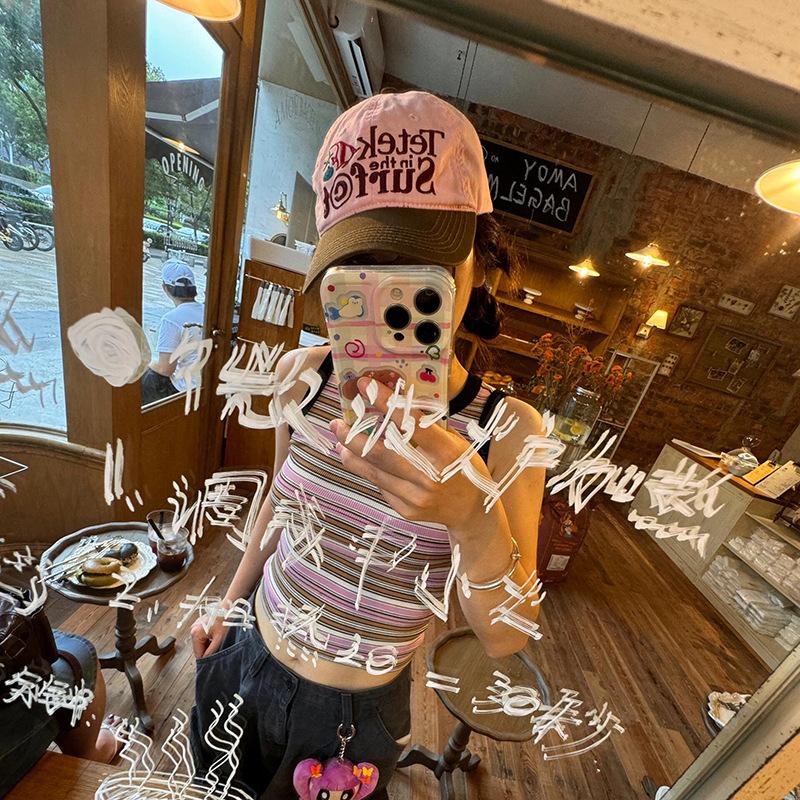 Korean Retro Contrasting Color Pink Baseball Cap Trendy Brand Letter Color Block Baseball Cap Embroidery Ins Soft Top Sun Visor Baseball Cap