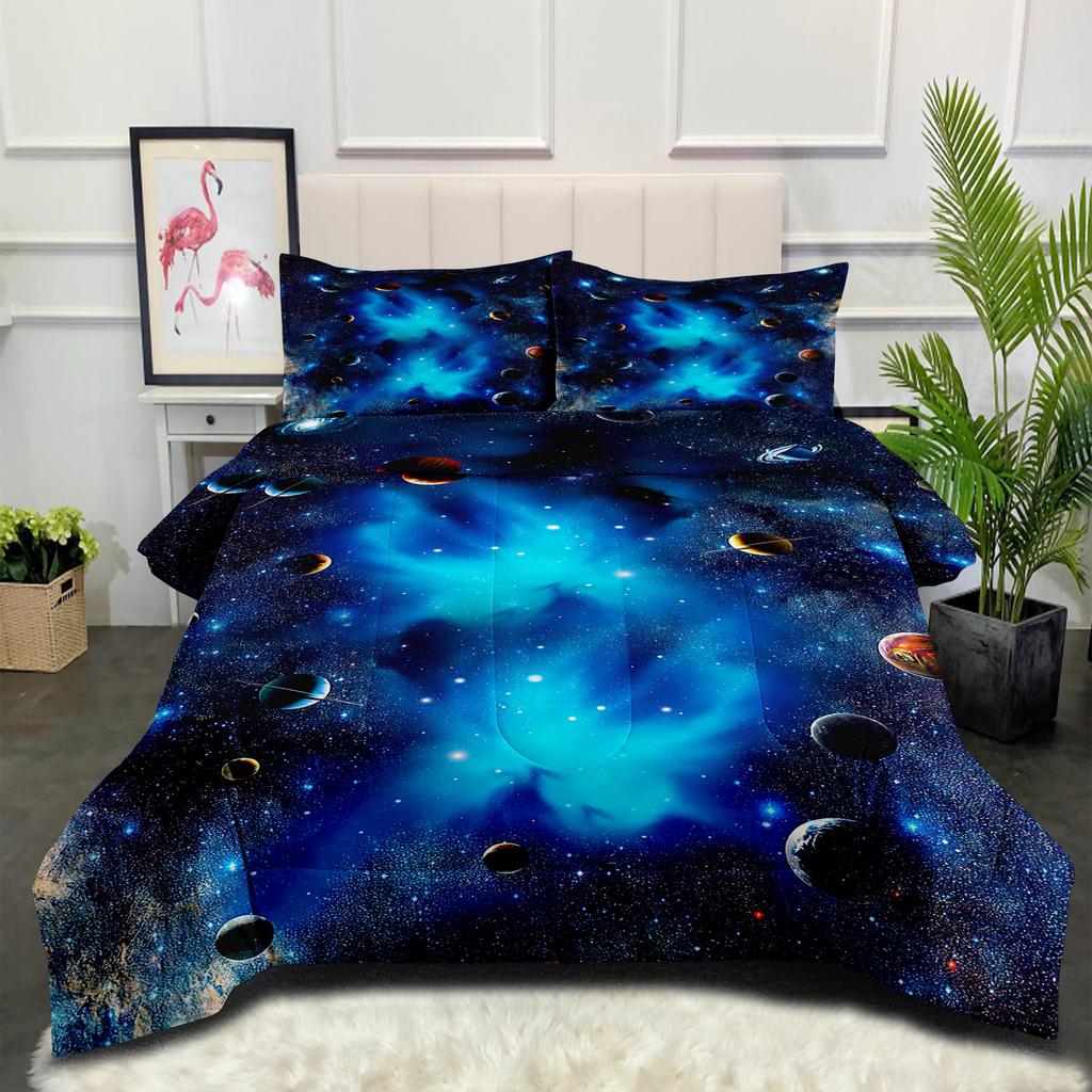 Space Galaxy Astronaut Comfortable Brushed Printing Fat Quilt Feather Silk Cotton Thickened Filled Quilt Cover Three-piece Set