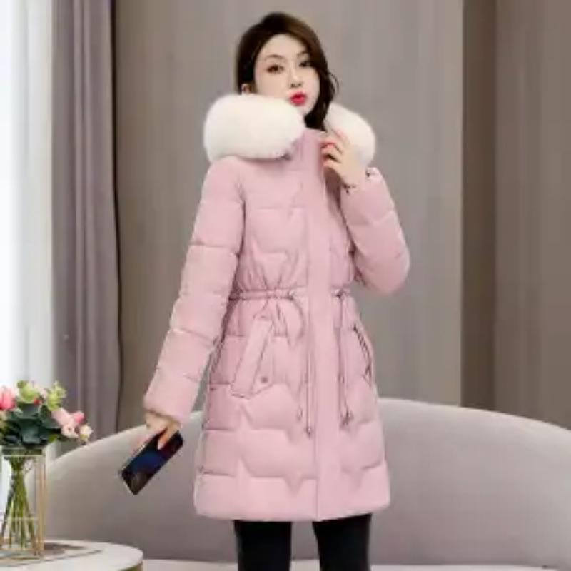 

Зимние женские новые элегантные парки миди приталенного силуэта модные корейские с большим меховым воротником на молнии со шнурком классические универсальные теплые пуховики L розовый