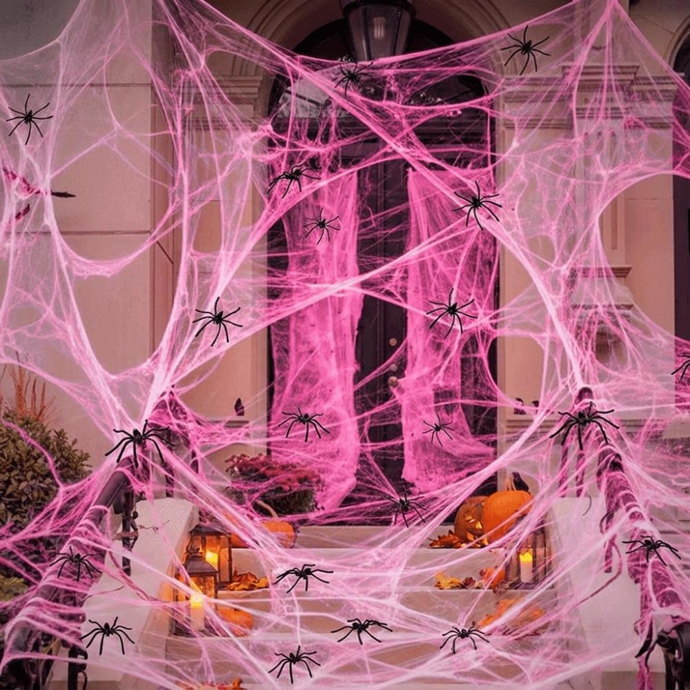 Stretchable Spider Cobwebs Pink Fake Spider Web Scary Cotton Cobweb Indoor Outdoor