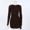 European and American New Autumn and Winter Pleated Waist Thin Streamer Short Tight Skirt Women's Long-sleeved Irregular Dress