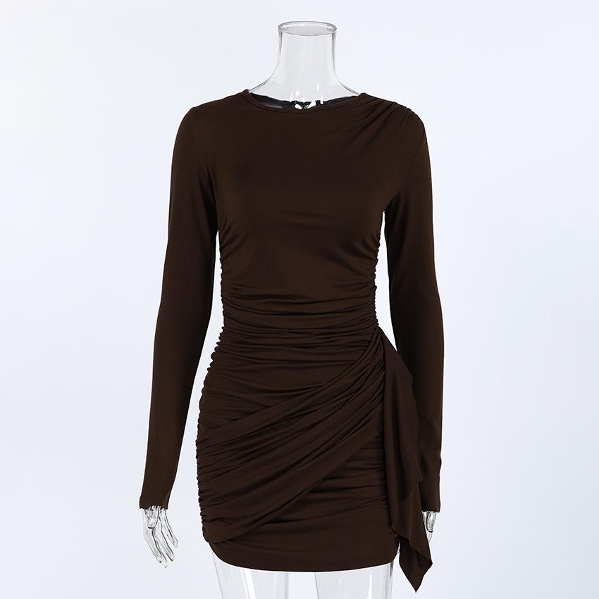 European and American New Autumn and Winter Pleated Waist Thin Streamer Short Tight Skirt Women's Long-sleeved Irregular Dress