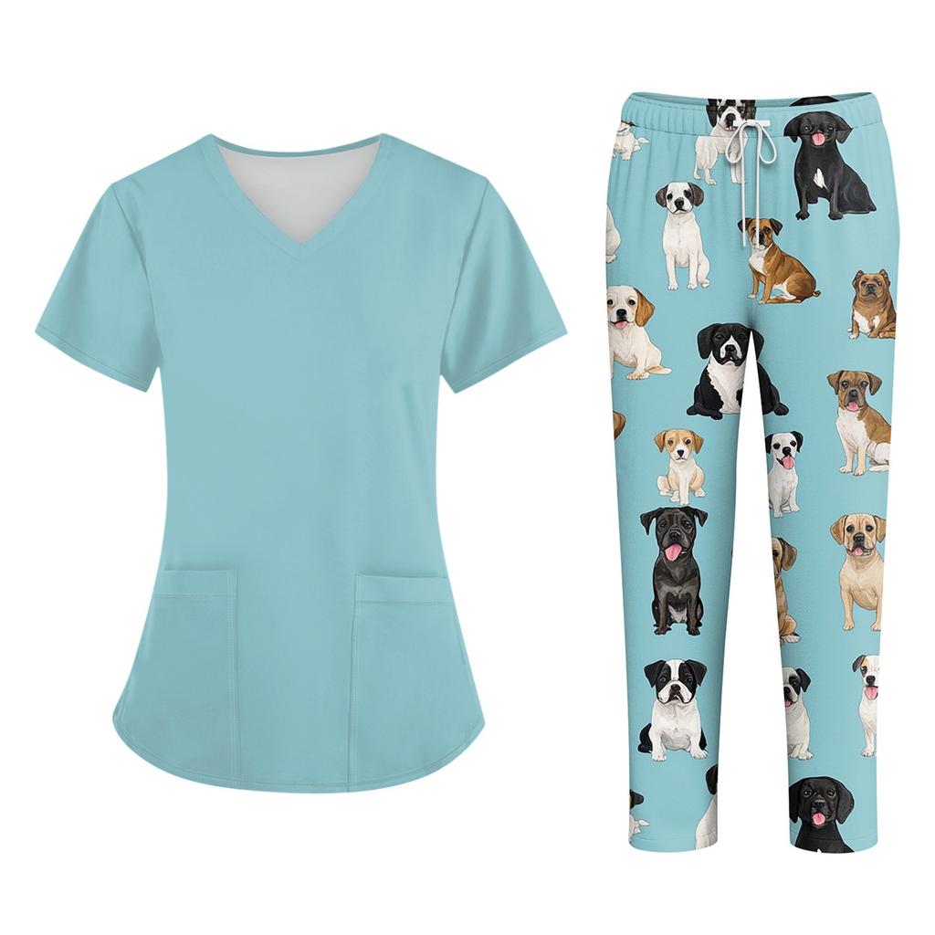 Bedruckte Oberteile für die Arbeitsuniform in Übergröße für Damen, V-Ausschnitt, Halloween-Aufdruck, kurzärmliges Fun-T-Shirt, Workwear-T-Shirt mit Taschen