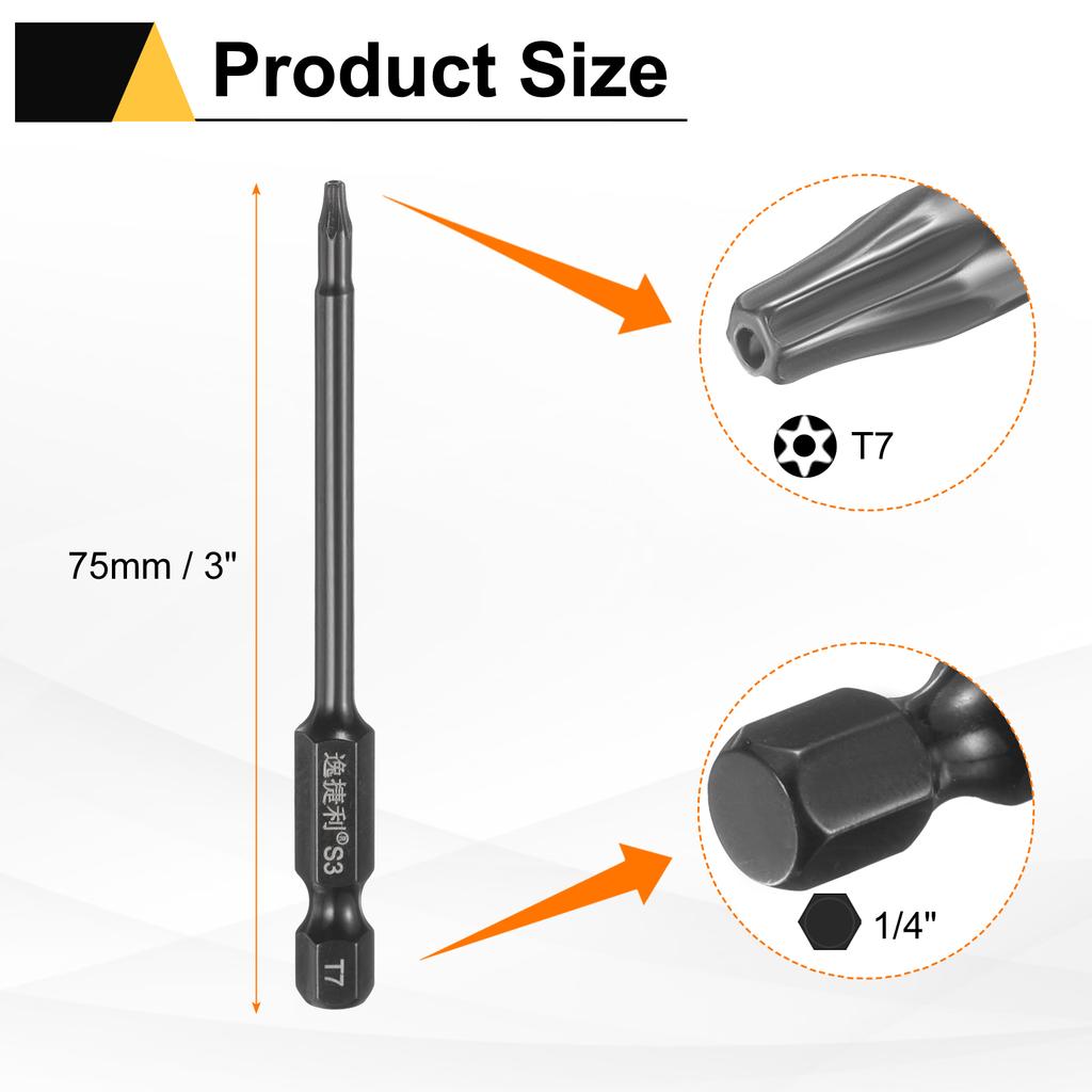 6pcs T6-T40 Torx Screwdriver Bit 1/4" Hex Shank 75mm/100mm S3 Steel Magnetic Tamper Proof Star 6 Point Head Hex Screw Driver Bit