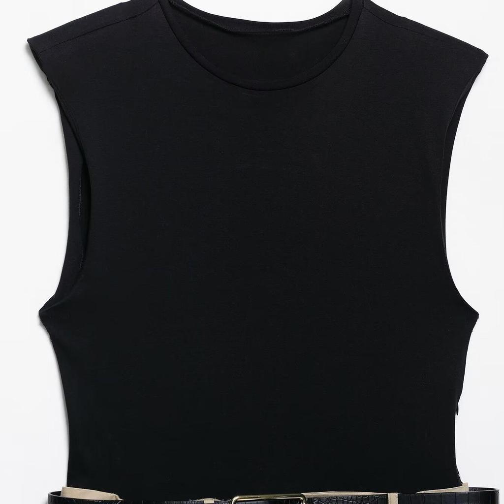 2025 Summer Pleated Skirt Dress with Shoulder Pads - Sleeveless, Slim-Fitting, Round Neck Design