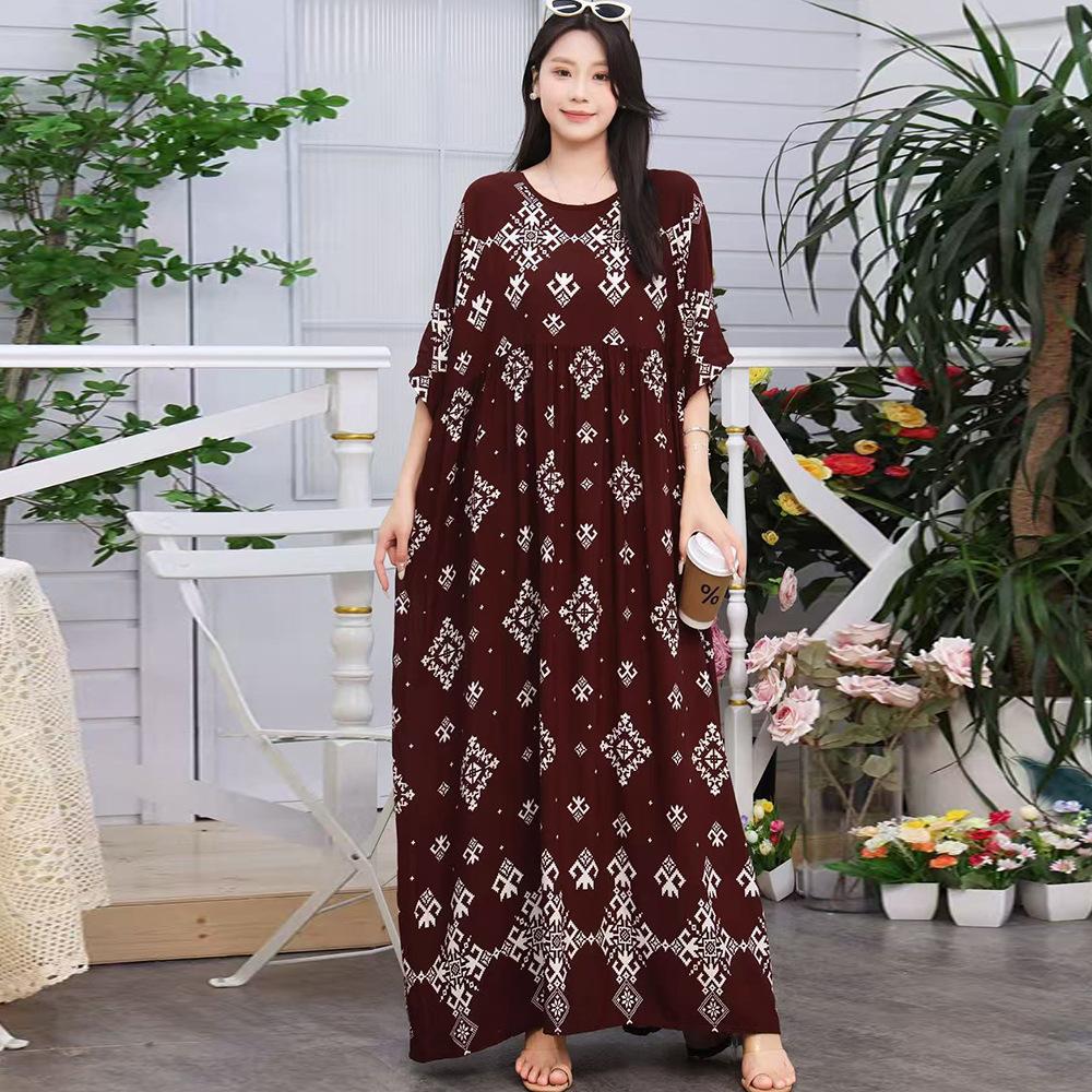 South East Asia 100kg super fat dress fat girl plus short sleeve maternity dress loose floral beach long skirt