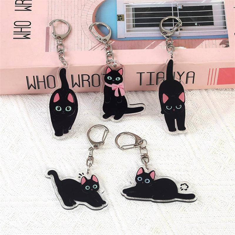 Cartoon cat Acrylic keychain Cute little black cat pendant raccoon flower cat keychain chain school bag pendant