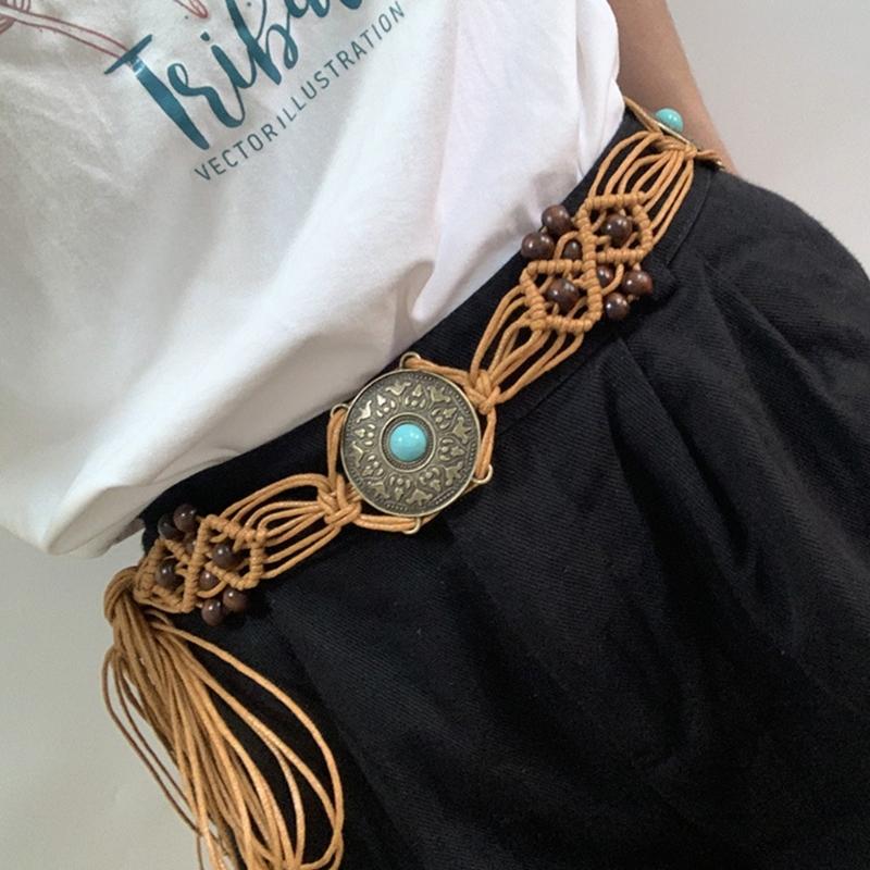 Women Shirt Waist Belt Vintage Bohemian Adjustable Braided Waist Belt with Tassels Women Dress Shirt Wide Waist Belt