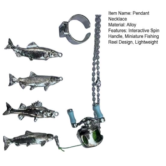 Mini Fishing Reel Necklace Pendant with Spinning Handle Removable Line Guide Multipurpose Fishing Accessories Keychain Backpack Charm