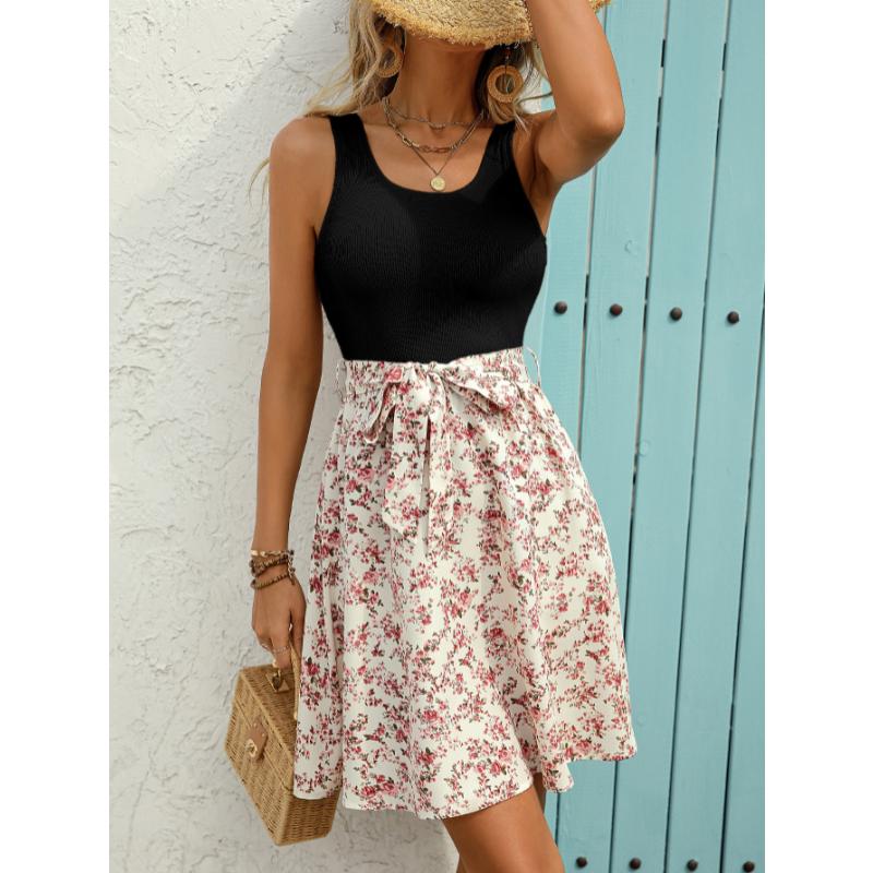 Abito Mini da Donna Primavera Estate Elegante Casual Color Block Senza Maniche Cintura Annodata Vestibilità Aderente Stampa Floreale Linea ad A