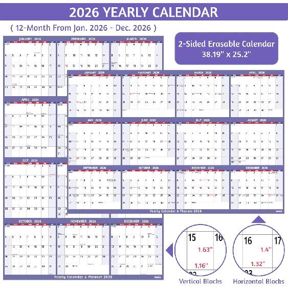 2026 Dry Erase Calendar – Large Yearly Wall calendar 2026, 38.2'' x 25.2'', 2-Side Reversible Calendar 2026, Vertical/Horizontal, Jan 2026 – Dec
