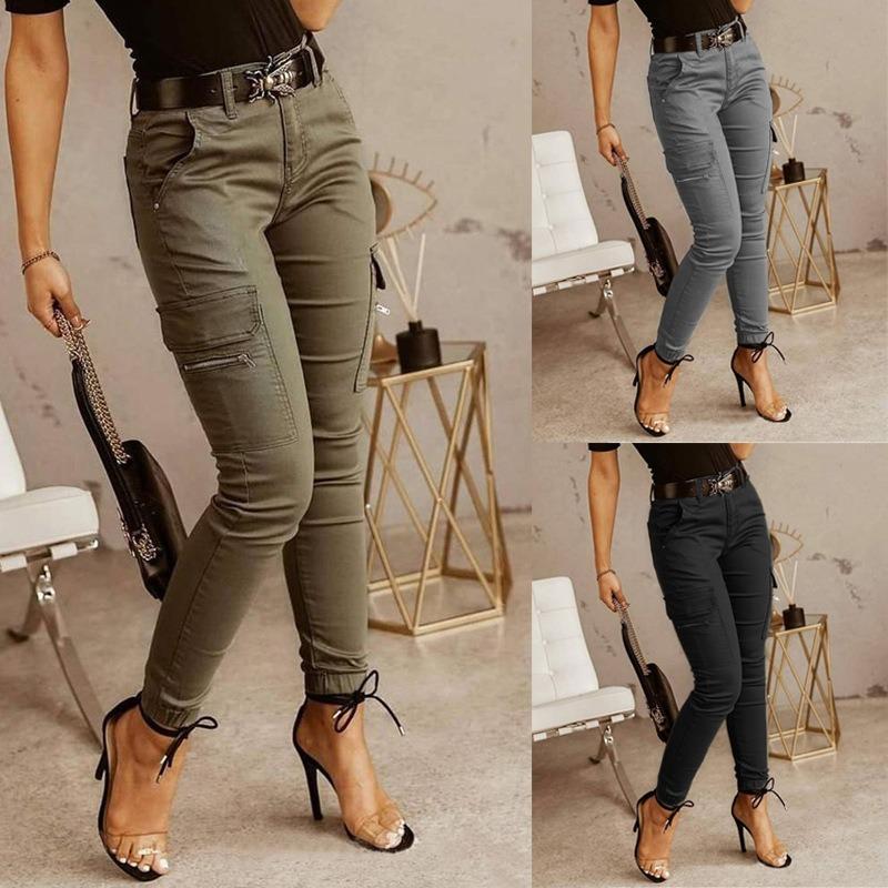 Pantaloni Cargo Casual da Donna alla Moda Vita Media Tinta Unita Tasche Abbigliamento da Lavoro Skinny Pantaloni a Sigaretta da Donna Pantaloni 759