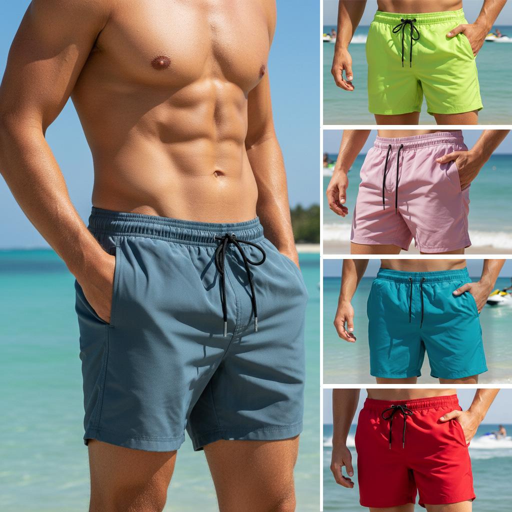 Men Sports Casual Loose Solid Color Swim Shorts Men 4-Point Quick-Dry Beach Shorts Male Lightweight Breathable Board Shorts