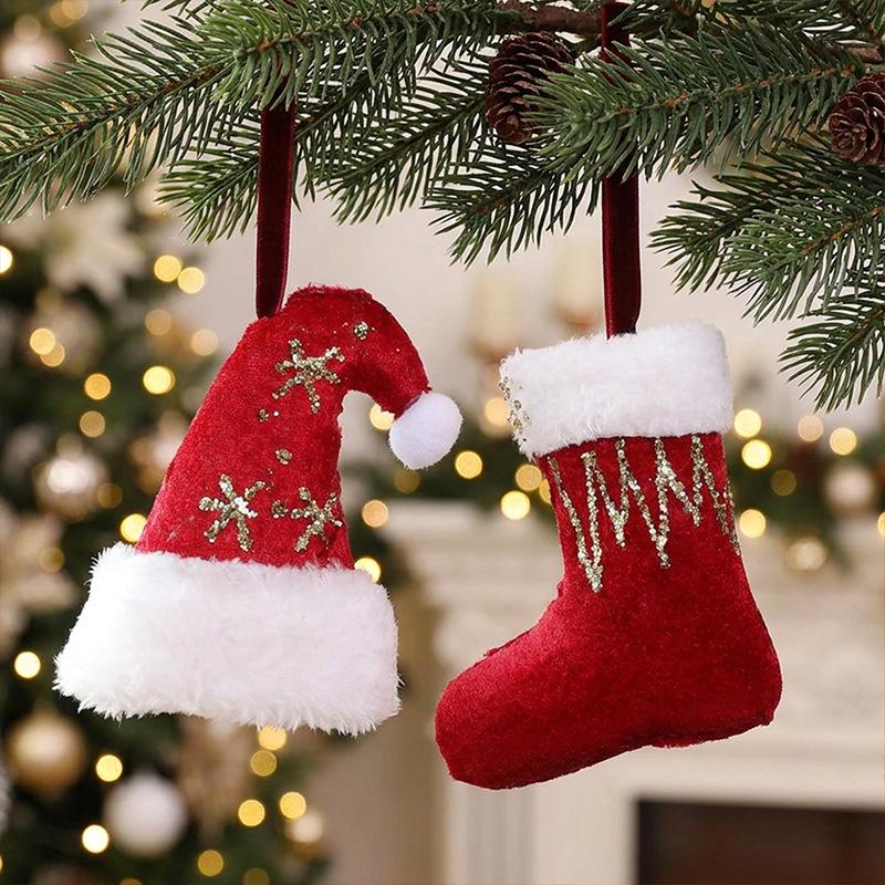 Fabric Christmas Hat, Painted Socks & Gloves Ornaments for Windows & Malls