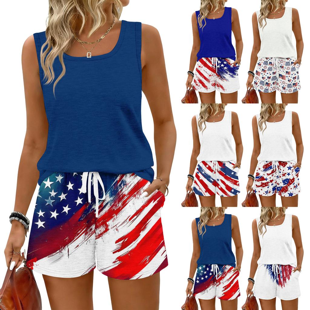 Women Summer Casual Two Piece Set Sleeveless Tank Top Square Neck Vest and Shorts with Pockets Lightweight Comfortable Fit