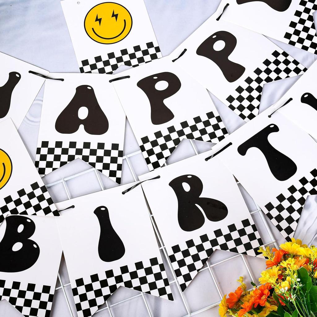 One Happy Dude Birthday Banner Hippie Groovy Smile Face Bunting Garland Handmade Party Paper Banner for First Birthday Party Baby Shower Backdrop