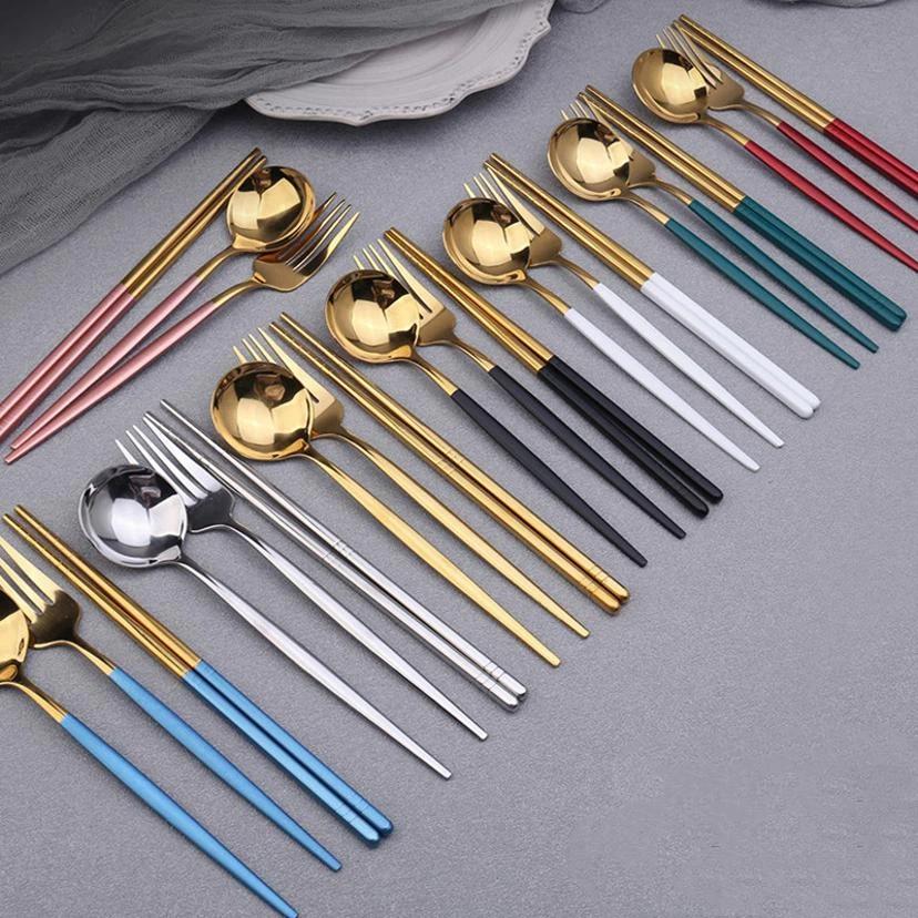 3Pcs Spoon Fork Chopsticks Set With Storage Box Stainless Steel Coffee Snacks Fruit Dessert Fork Spoon Kitchen Teaspoon Set