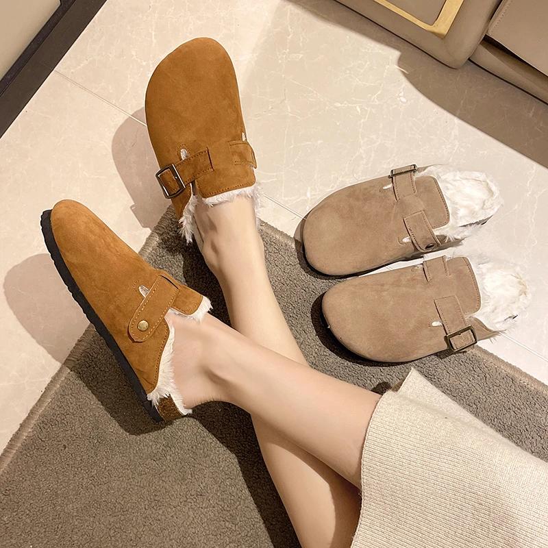 Fashion Classic British Style Winter Cover Head Slippers Womens Suede Plush Warm Buckle Belt Indoor Outdoor Wedges Mules Cotton Shoe