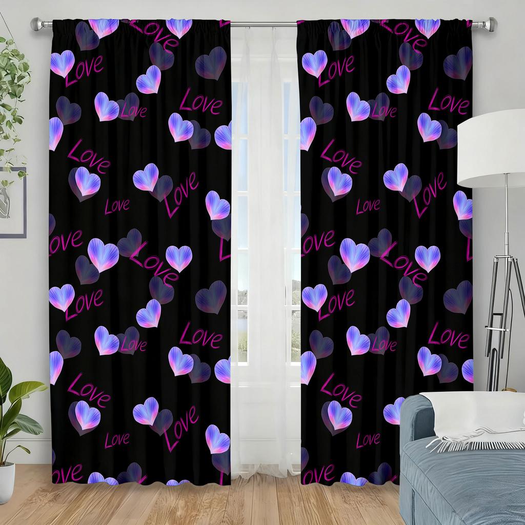 Set Of 2 Modern Neon Love Heart Pattern Curtains Perfect Valentine Day Window Decor Curtain With Rod Pocket Polyester