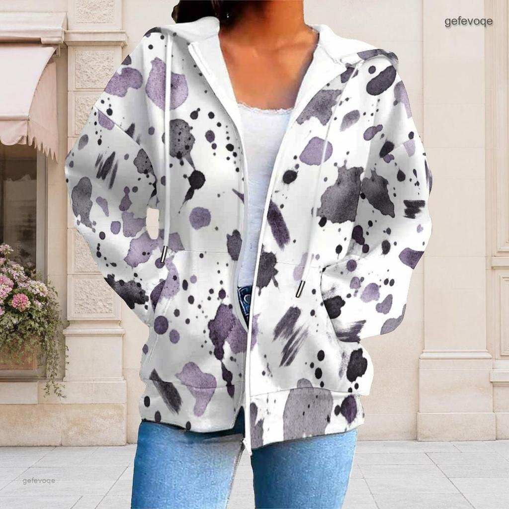 Women Plus Size Long Sleeve Drawstring Zip Up Geometric Printed Hoodie With Pockets