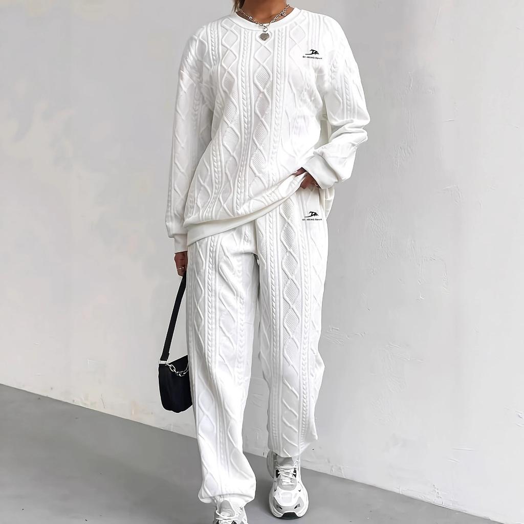 Women's Round Neck Long Sleeve Loose Cable Knit Two Piece Casual Tracksuit Elastic Waist Jogger Pants Matching Outfit