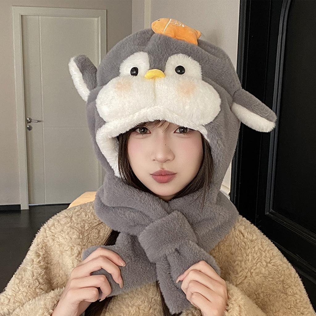 Ladies' Cartoon Cute Hat Scarf Integrated With Thick Velvet Insulation Hat For Keeping Warm