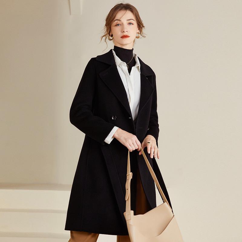 

Женское приталенное двустороннее шерстяное пальто с поясом - Дизайн воротника костюмного типа для осени/зимы M (suitable for 52.5-60 kg) чёрный