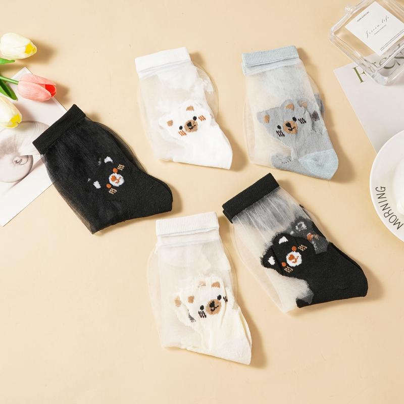 3/5 Pairs Cartoon Bear Sheer Mesh Socks for Women Breathable Transparent Ankle Socks Thin Summer Socks Cute Animal Pattern Socks