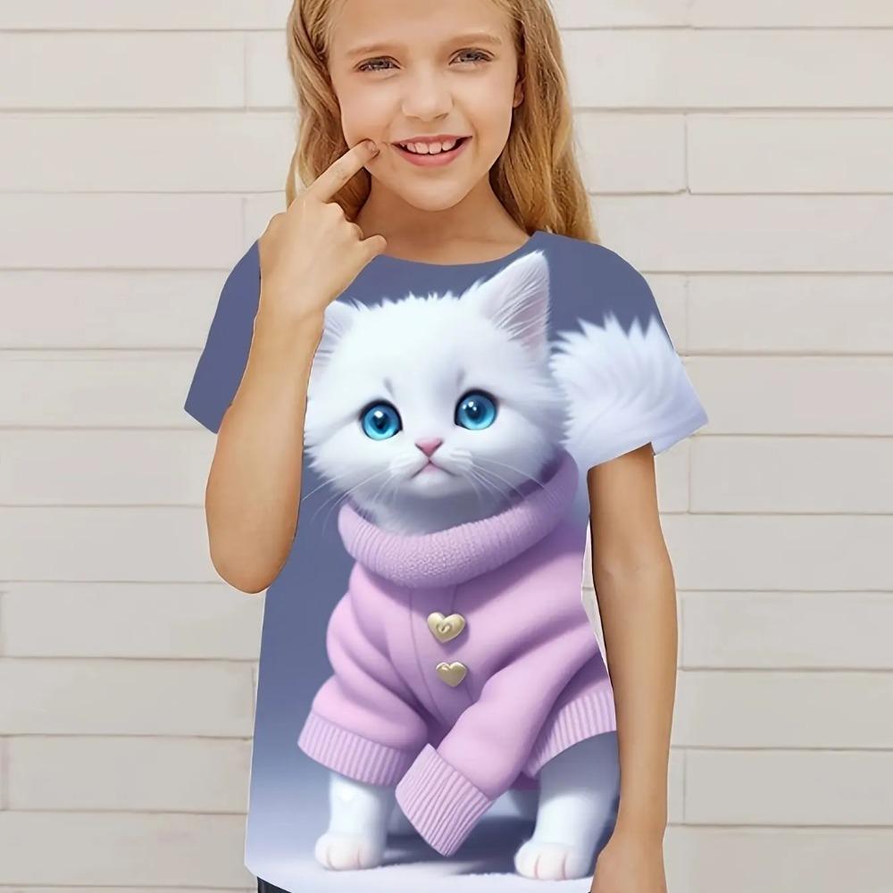 Bedårande kattunge med grafiskt tryck barn-tröja med rund hals, kortärmade toppar Casual t-shirt för barn flicka sommar utomhussport