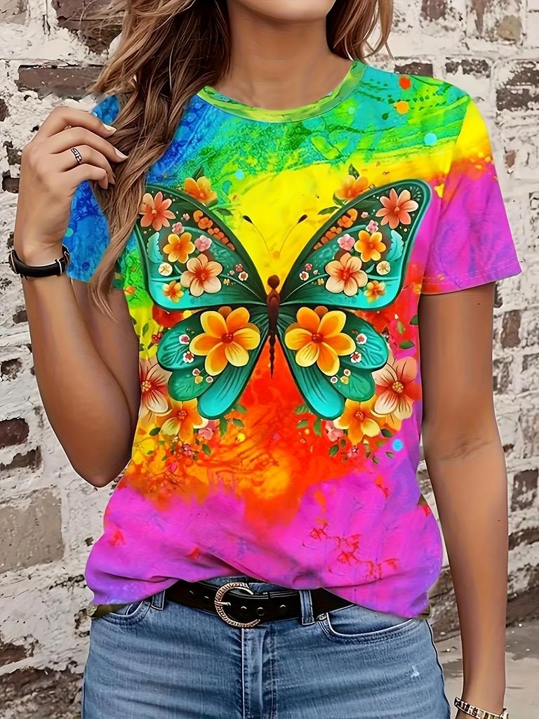 Women's T-shirt Summer Casual Round Neck Short Sleeve 3D Print Floral Pattern Top Loose Casual Wear Ladies T-shirt
