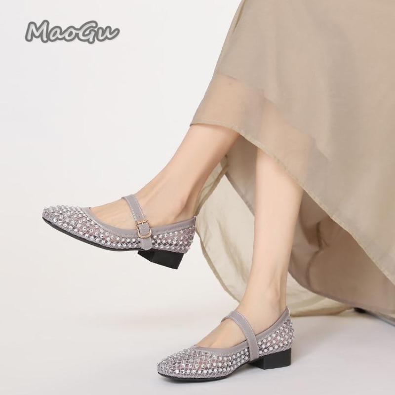 Fashion Crystal Studded Mesh Breathable Shoes Fashion Square Head Shallow Mouth Mary Jane Shoes Elegant Office Ladies Low Heel Pumps